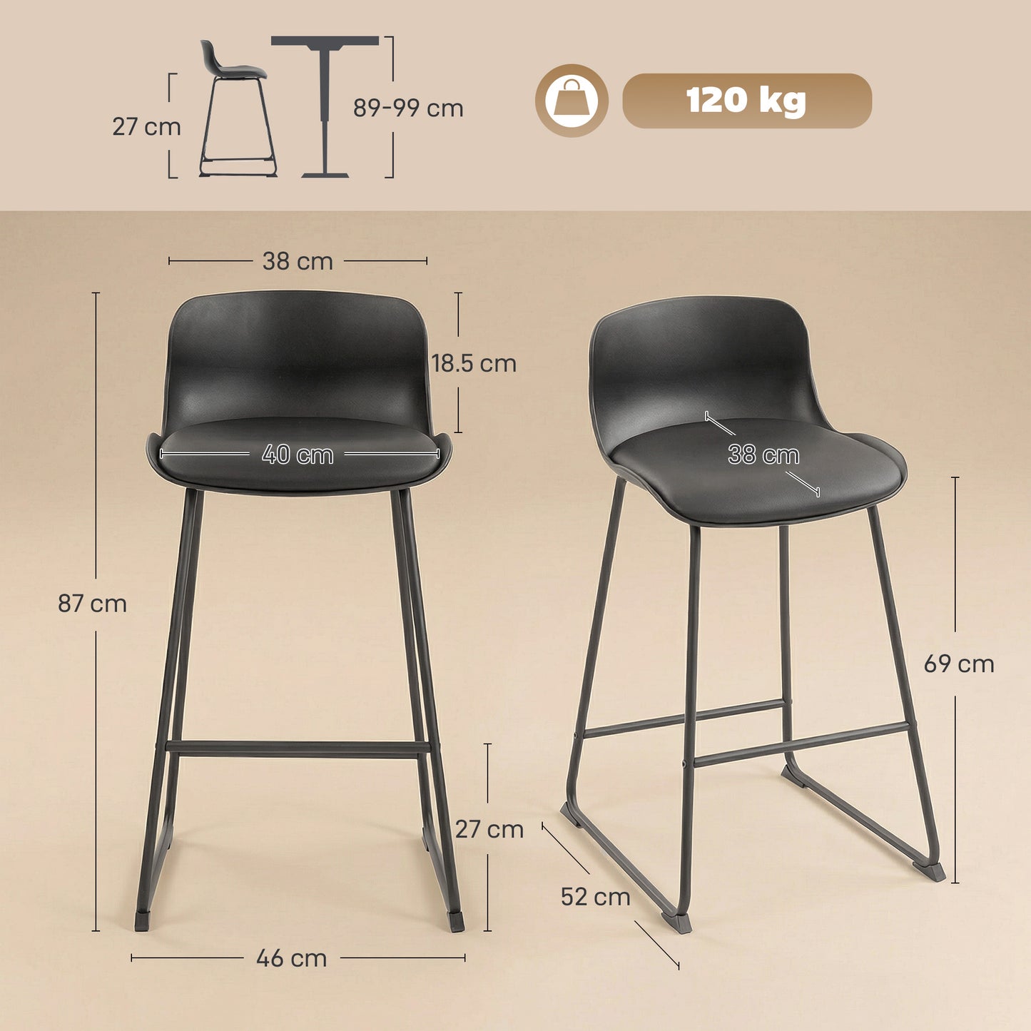 Modern Bar Stools Set of 2, PU Leather Barstools, Counter Height Kitchen Chairs for Breakfast Bars, Dining Room, Black