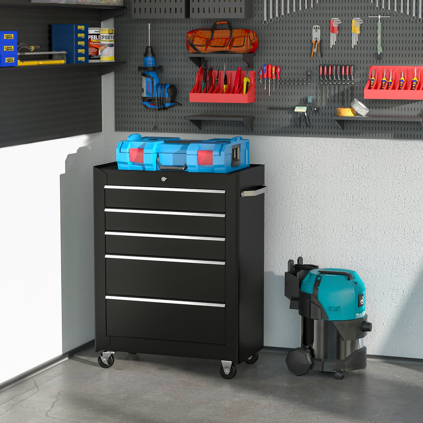 5-Drawer Tool Box on Wheels, Lockable Tool Storage Cabinet with EVA Pat, Black