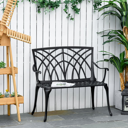 2-Seater Cast Aluminium Garden Bench Loveseat Outdoor Furniture Chair w/ Decorative Backrest & Ergonomic Armrest for Patio Te