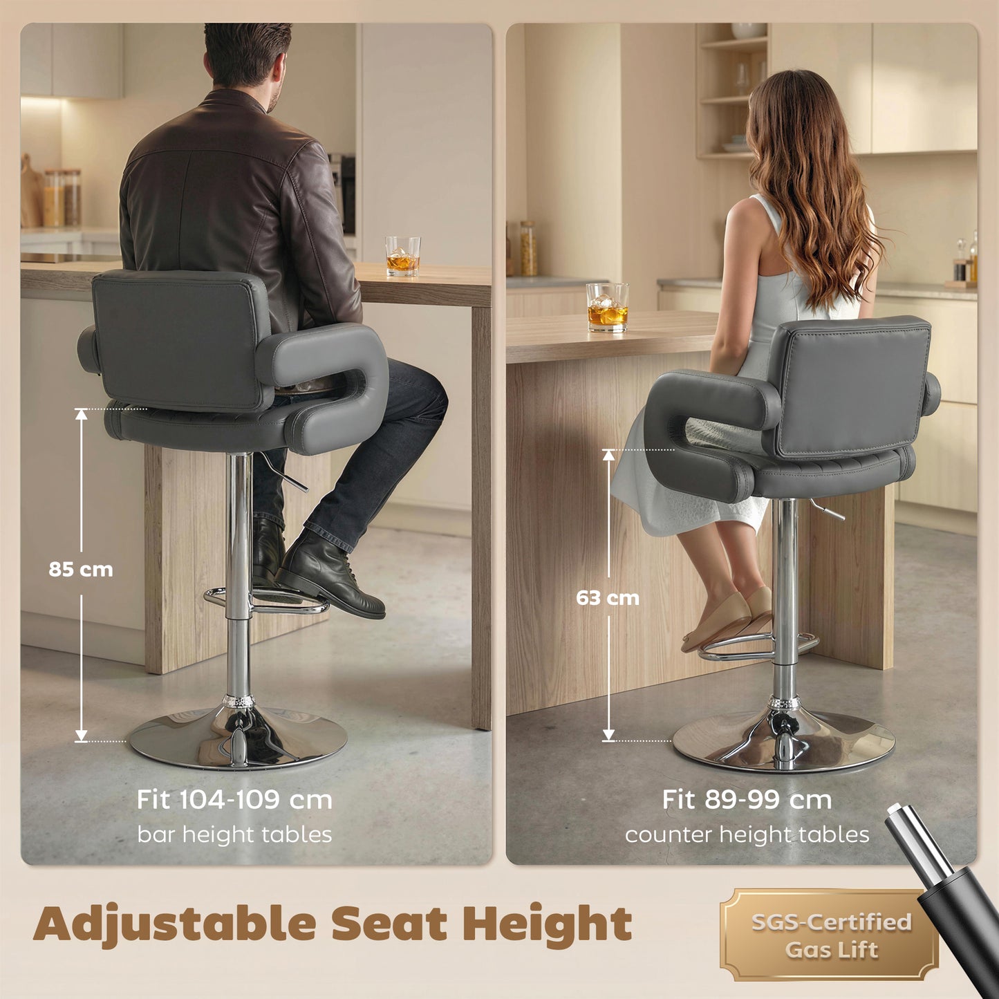 Bar Stools Adjustable Swivel Kitchen Chairs with Backrest Armrest Set of 2 PU Leather Grey