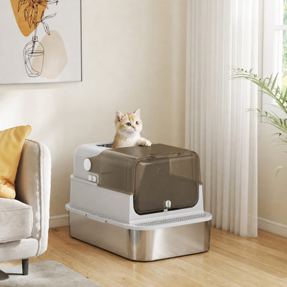 XXL Stainless Steel Cat Litter Tray, Enclosed Cat Litter Box with 90° Flip Cover, Double Doors, Scoop, Easy Clean, Grey