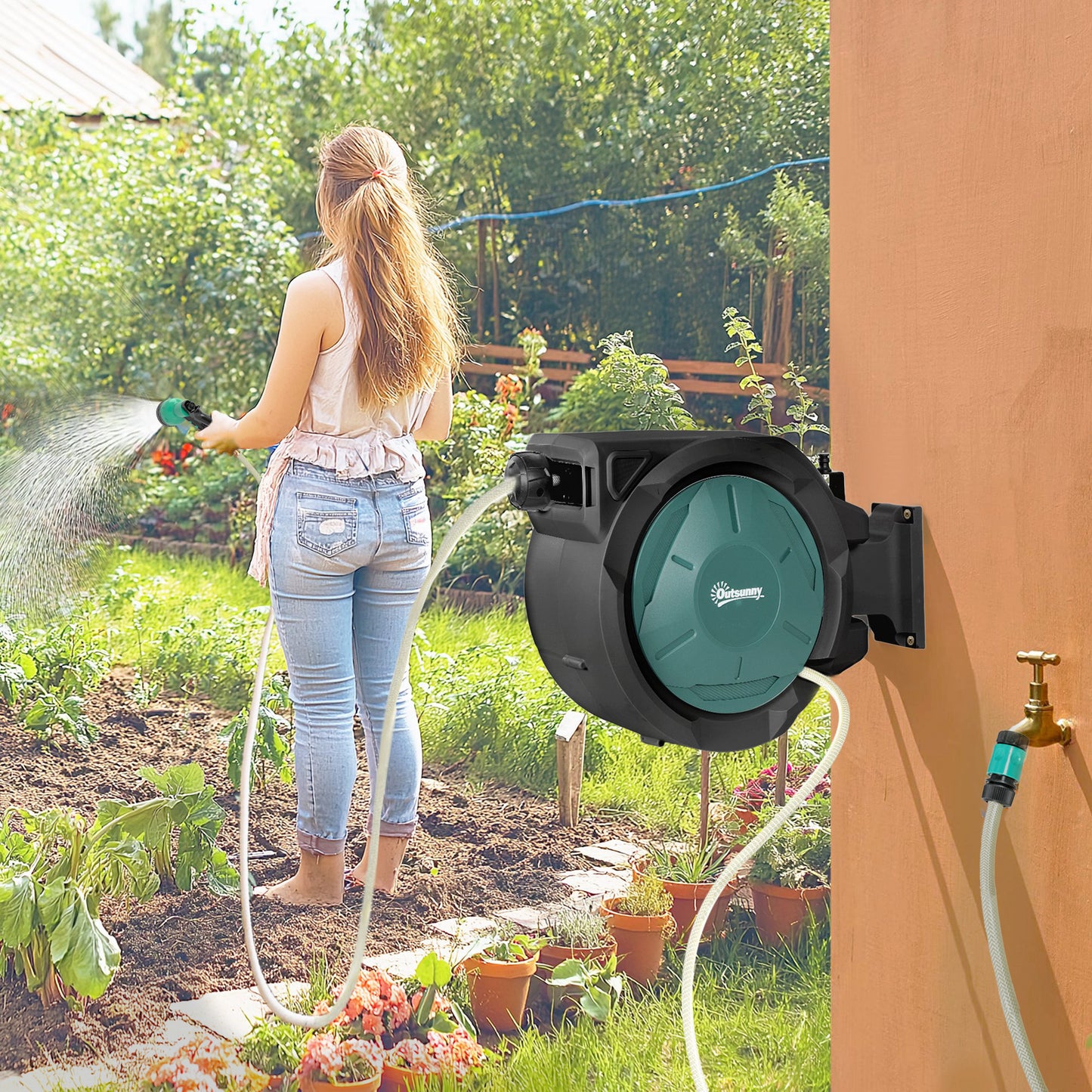 Retractable Hose Reel Wall Mounted, 20+2m Garden Hose Pipe Reel with Lock, Auto Rewind, 7 in 1 Spray Nozzle