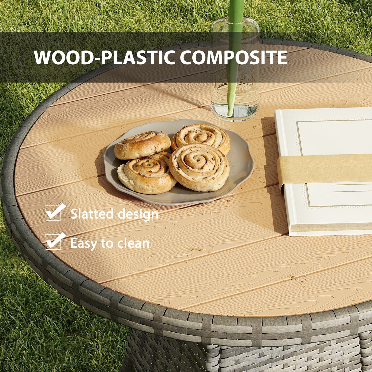 70 cm Wood-Effect Rattan Garden Table - Natural Wood Finish