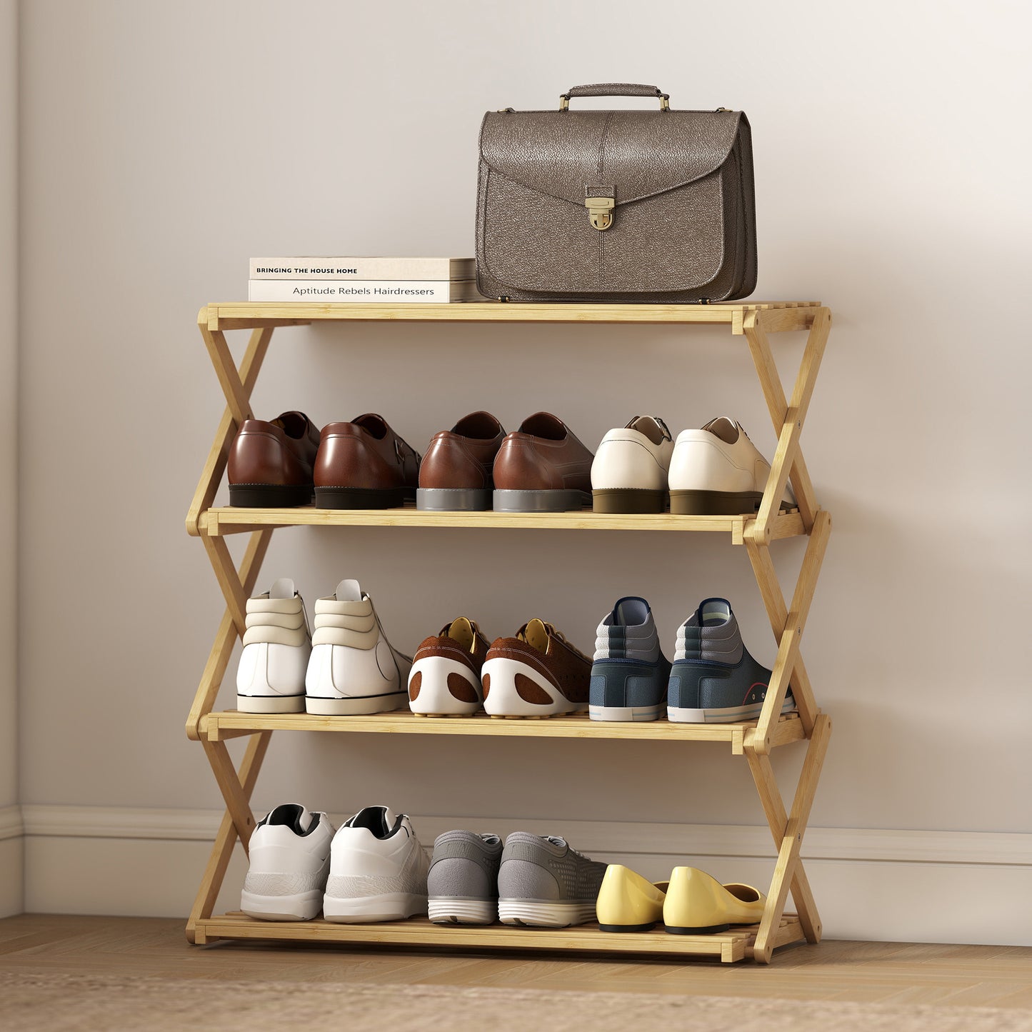 Four-Tier Folding Bamboo Shoe Rack - Natural Finish