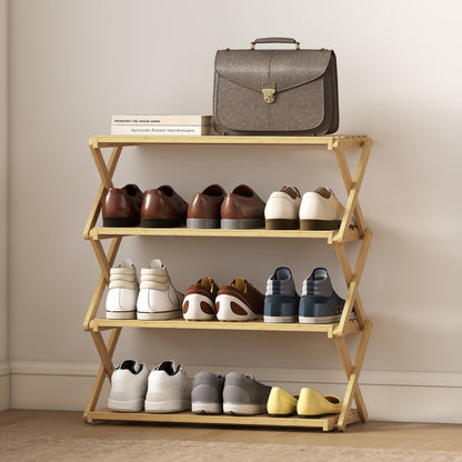 Four-Tier Folding Bamboo Shoe Rack - Natural Finish
