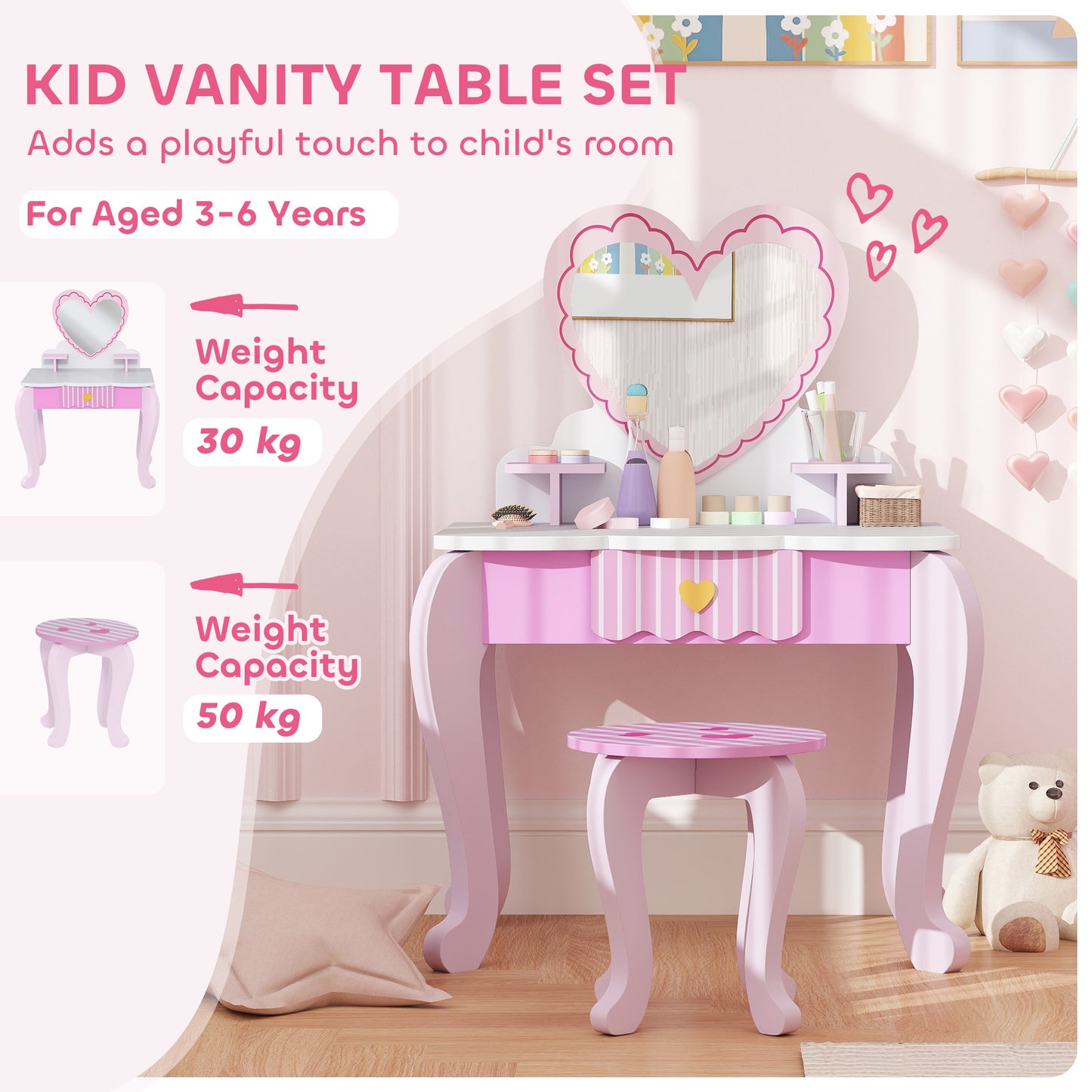 Kids Dressing Table Set, Vanity Table with Stool, Mirror, Drawer, Desktop Storage, Heart Theme, Pink