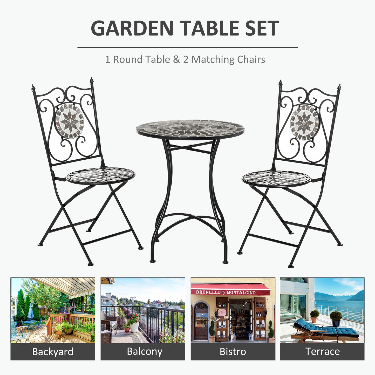 3 Pcs Mosaic Tile Garden Bistro Set Outdoor Seating w/ Table 2 Folding Chairs Set Metal Frame Elegant Scrolling Indoor Patio
