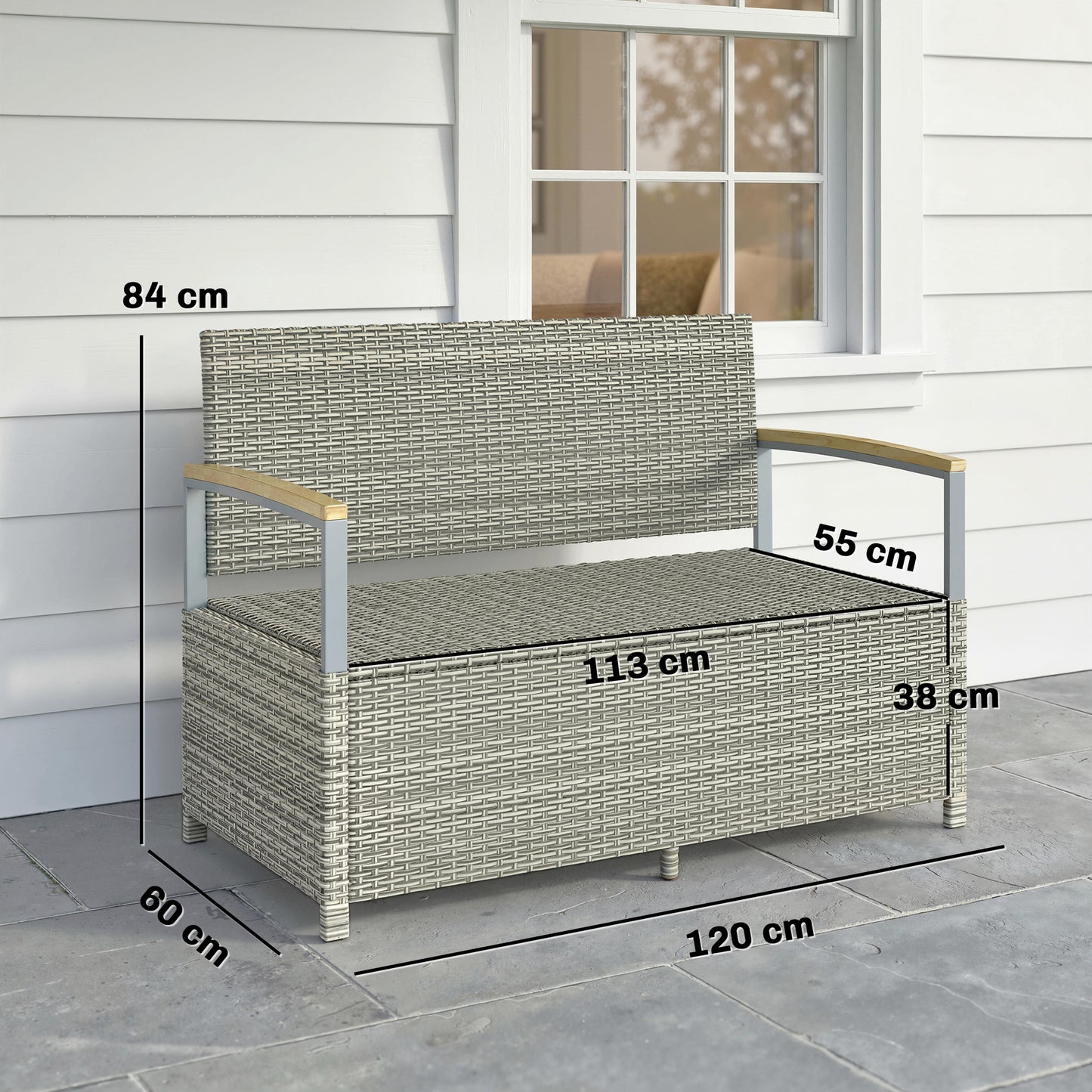 170 L Garden Storage Bench with Zipped Liner, 2 Seater Rattan Garden Bench with Storage, Gas Strut, Cushion, Light Grey