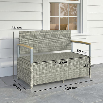 170 L Garden Storage Bench with Zipped Liner, 2 Seater Rattan Garden Bench with Storage, Gas Strut, Cushion, Light Grey