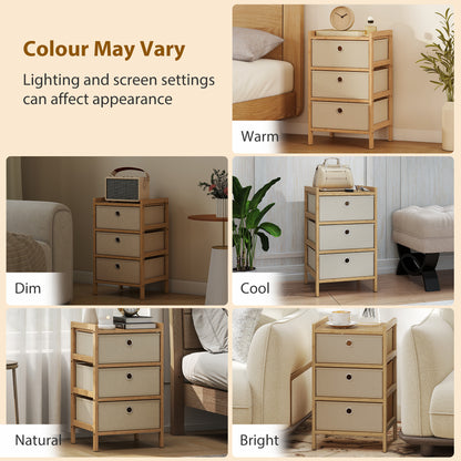 Chest of Drawers, 3 Fabric Drawers Narrow Dresser with Bamboo Frame, Cream White