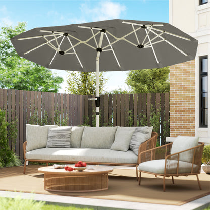3 m Double-Sided Garden Parasol with LED Solar Lights, Tilt, Outdoor Extra Large Sun Umbrella with Crank Handle, Grey