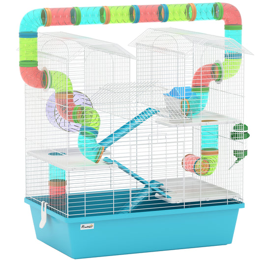 4 Tier Hamster Cage w/ Tubes, Exercise Wheel, Hut, Water Bottle, Food Dish, Ramps, for Dwarf Hamster, Light Blue