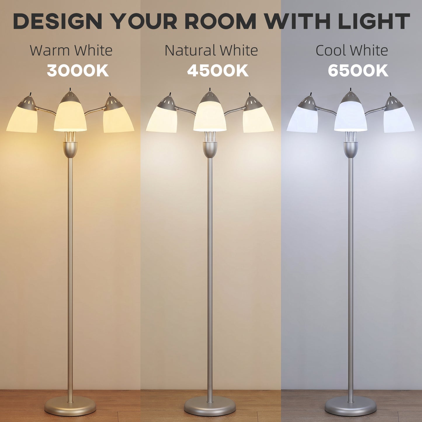 Arc Tree Floor Lamp with 3 Adjustable Rotating Lights and 3000K/4500K/6500K Colour Temperatures, Silver Tone