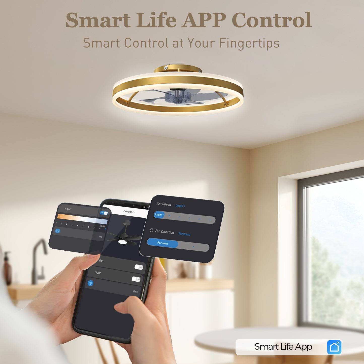 Ceiling Fan with Light and Remote, LED Mount Ceiling Fan with 3 Colour Temperatures, 6 Speed, 50 cm, Gold Tone