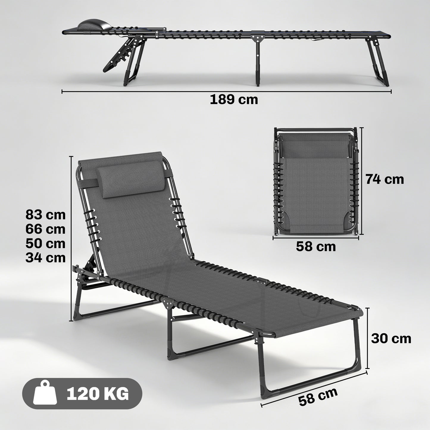 Set of Two Folding Sun Loungers, with Four-Position Backs - Grey