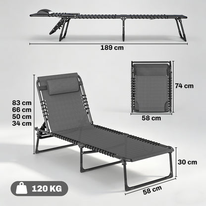 Set of Two Folding Sun Loungers, with Four-Position Backs - Grey