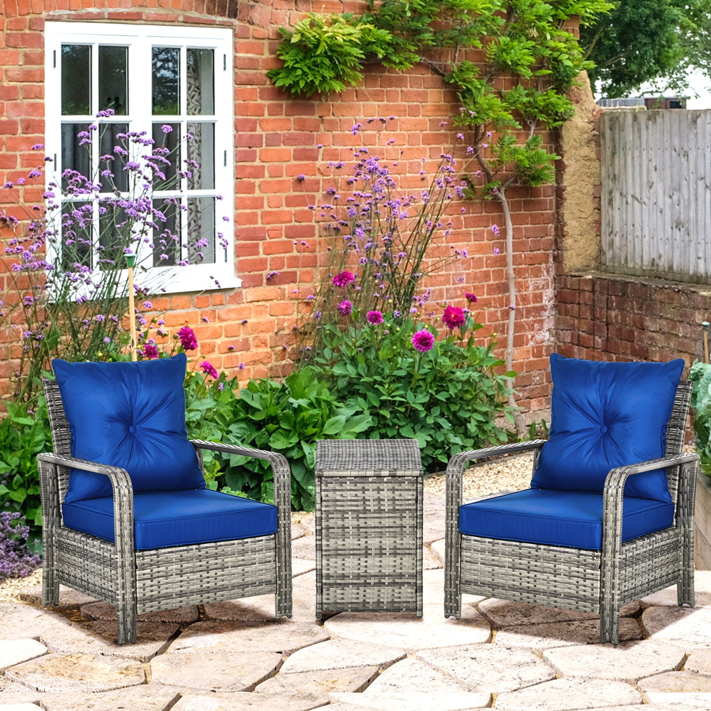 3 Pieces Rattan Bistro Set, Wicker Garden Furniture Set with Storage Coffee Table and Chairs, Thickened Cushions for Outdoor