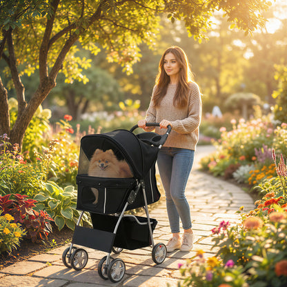 Dog Pram, Pet Stroller with Reflective Strips, Foldable Cat Stroller with 360° Swivel Wheels, Black