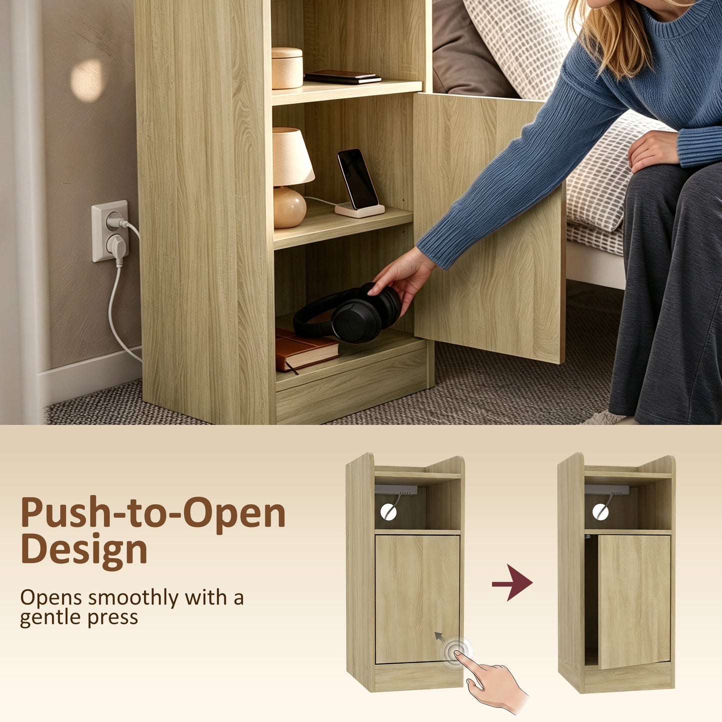 Slim Bedside Table Set of 2 with Charging Station, Narrow Bedside Cabinet with Adjustable Shelf, Oak
