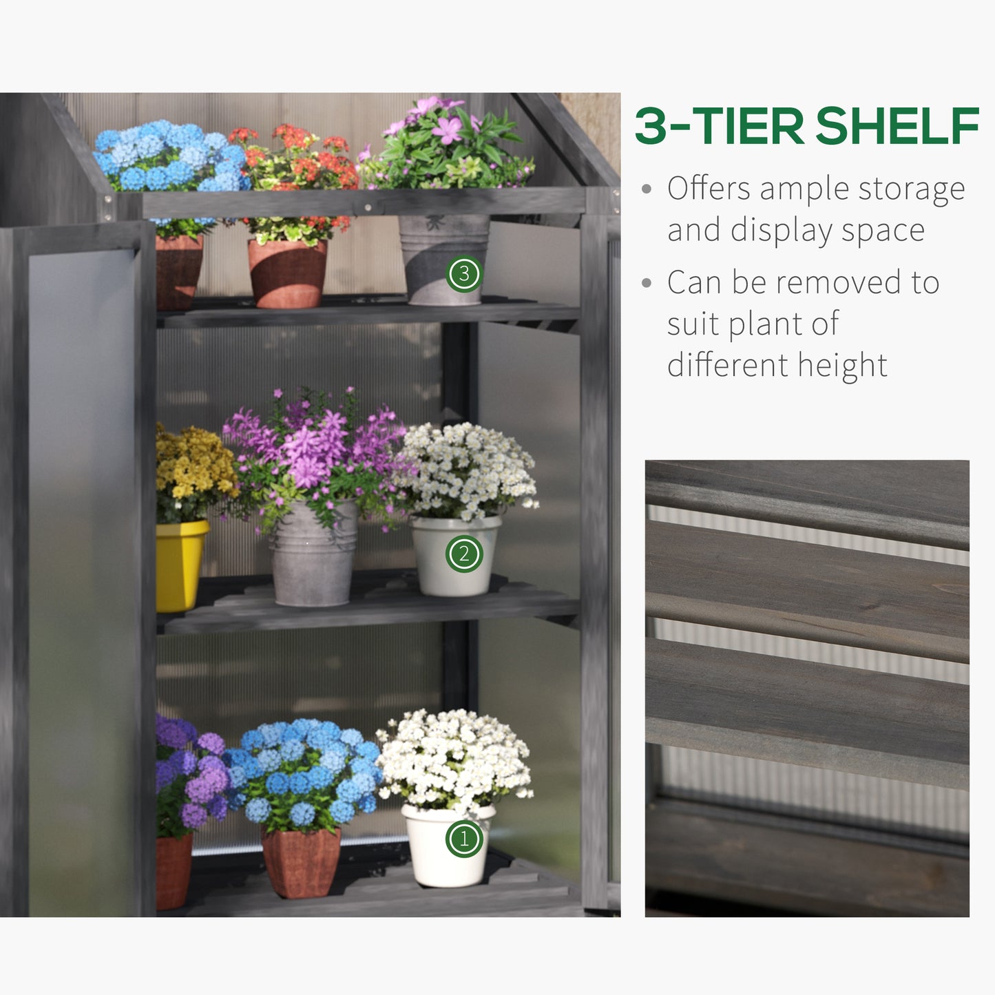 Wooden Cold Frame Polycarbonate Greenhouse with Openable Top Cover and Double Door, Grow House for Flower