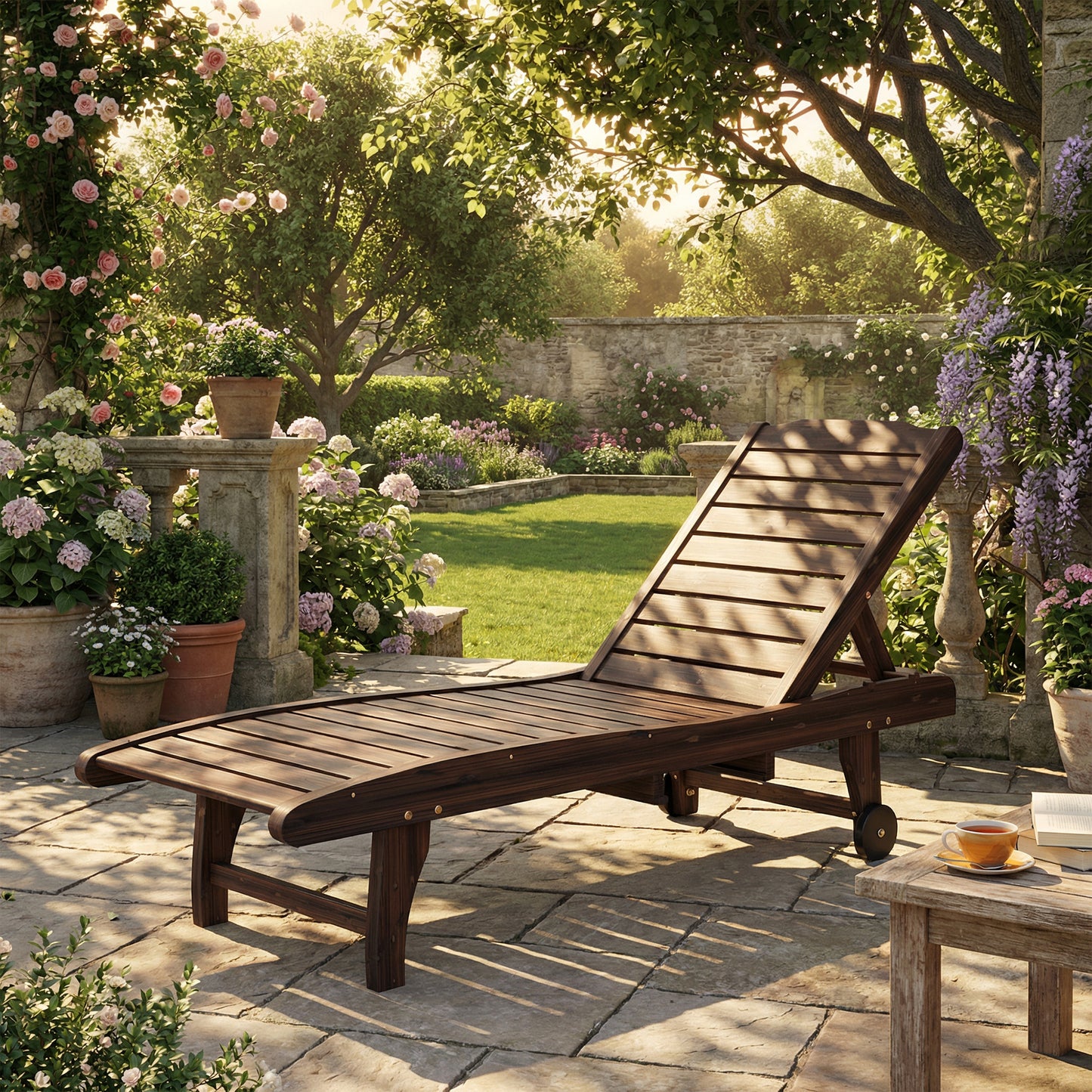 Outdoor Wooden Sun Lounger with Built-In Table, Carbonised Finish