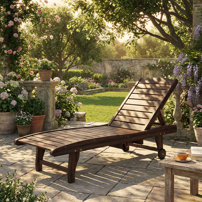 Outdoor Wooden Sun Lounger with Built-In Table, Carbonised Finish