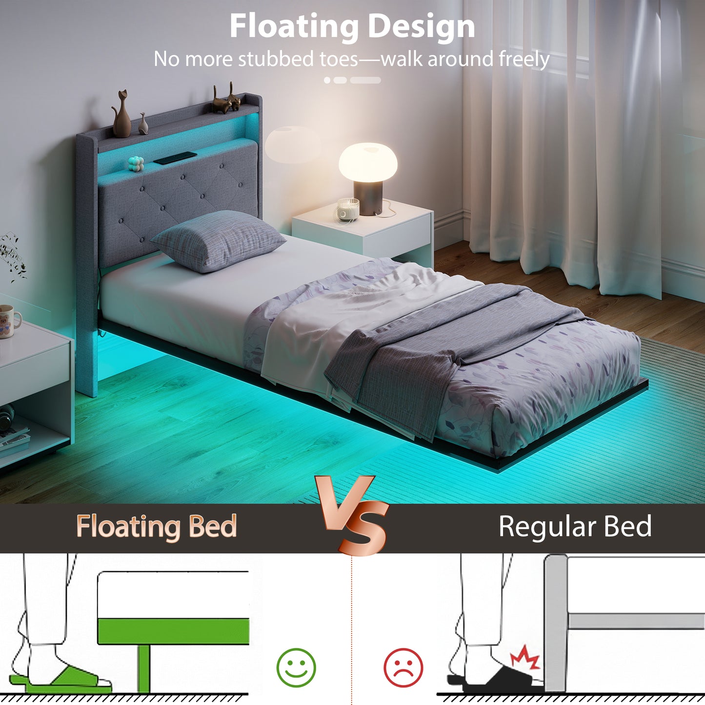 Floating Bed Frame, Upholstered 3ft Single Size Bed, Platform Bed with RGB LED Lights and Charging Station, Grey