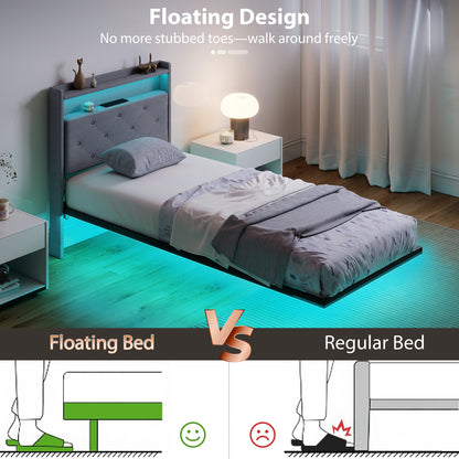 Floating Bed Frame, Upholstered 3ft Single Size Bed, Platform Bed with RGB LED Lights and Charging Station, Grey