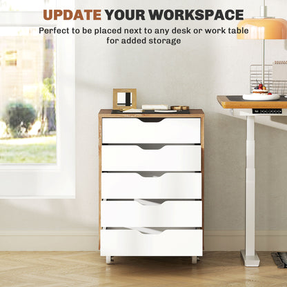 Five-Drawer Filing Cabinet, with Wheels - Oak Brown