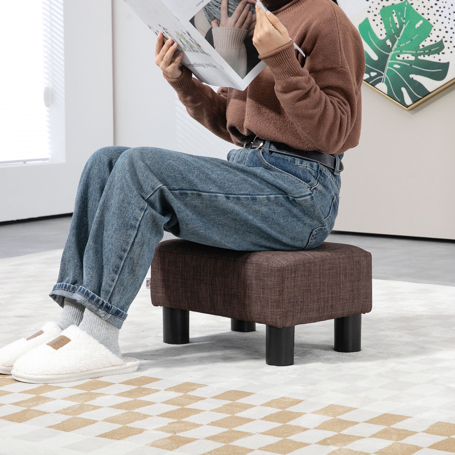 Linen Fabric Footstool Ottoman Cube with 4 Plastic Legs, Brown