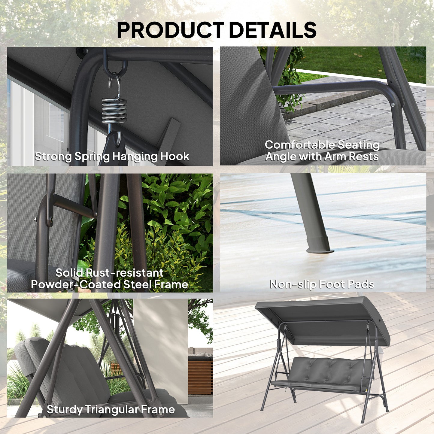 Three-Seater Garden Swing Seat - Dark Grey