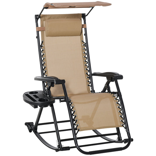 Garden Rocking Chair Folding Recliner Outdoor Adjustable Sun Lounger Rocker Zero-Gravity Seat with Headrest Side Holder Patio