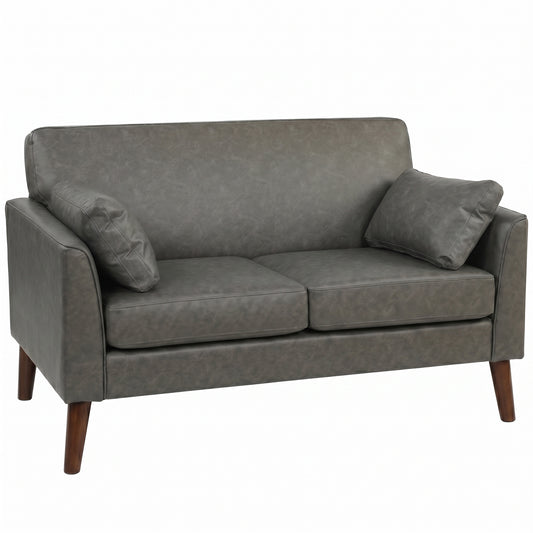 2 Seater Sofa, 132 cm Modern Small Sofa with Solid Wood Legs and 2 Pillows for Small Space, Grey