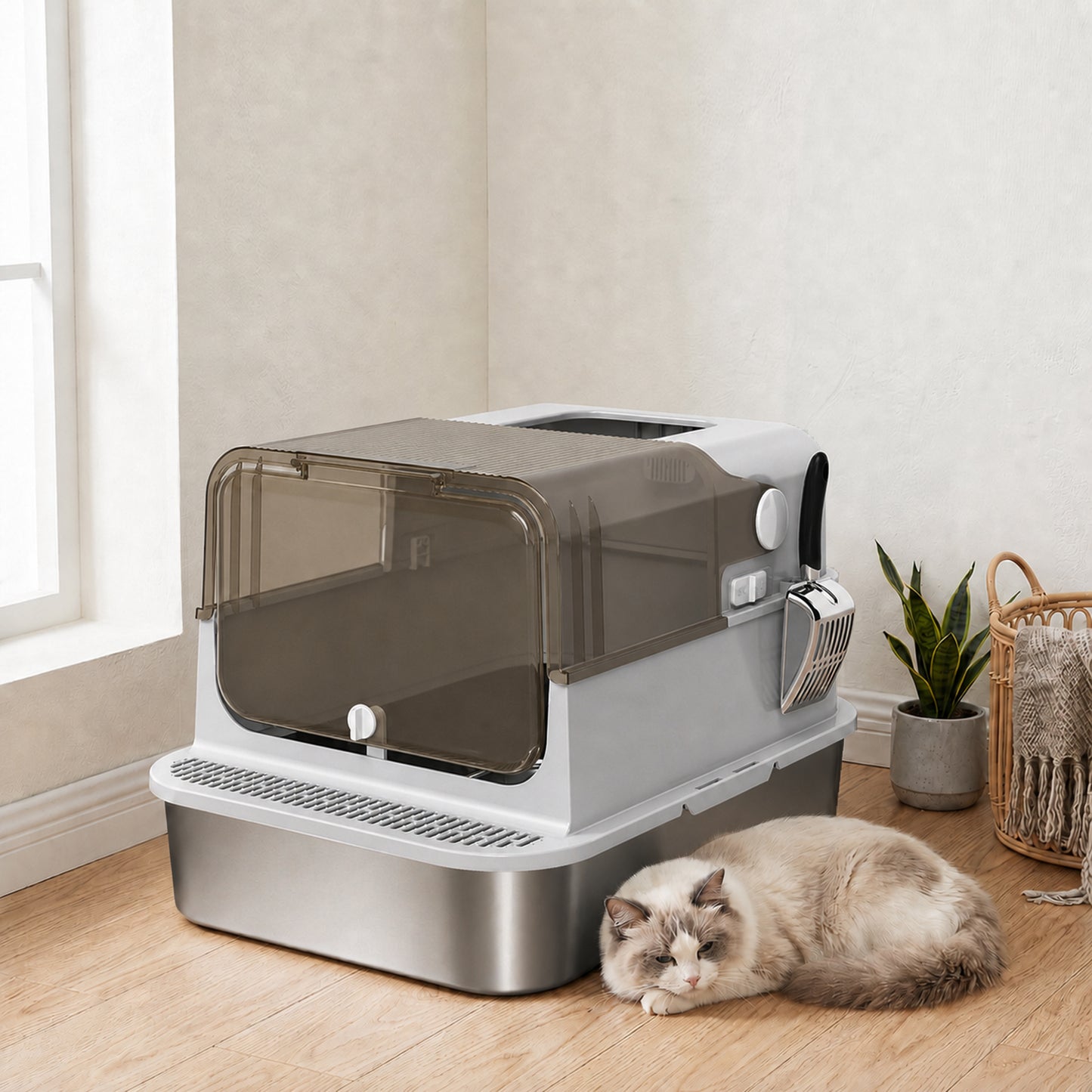 XXL Stainless Steel Cat Litter Tray, Enclosed Cat Litter Box with 90° Flip Cover, Double Doors, Scoop, Easy Clean, Grey