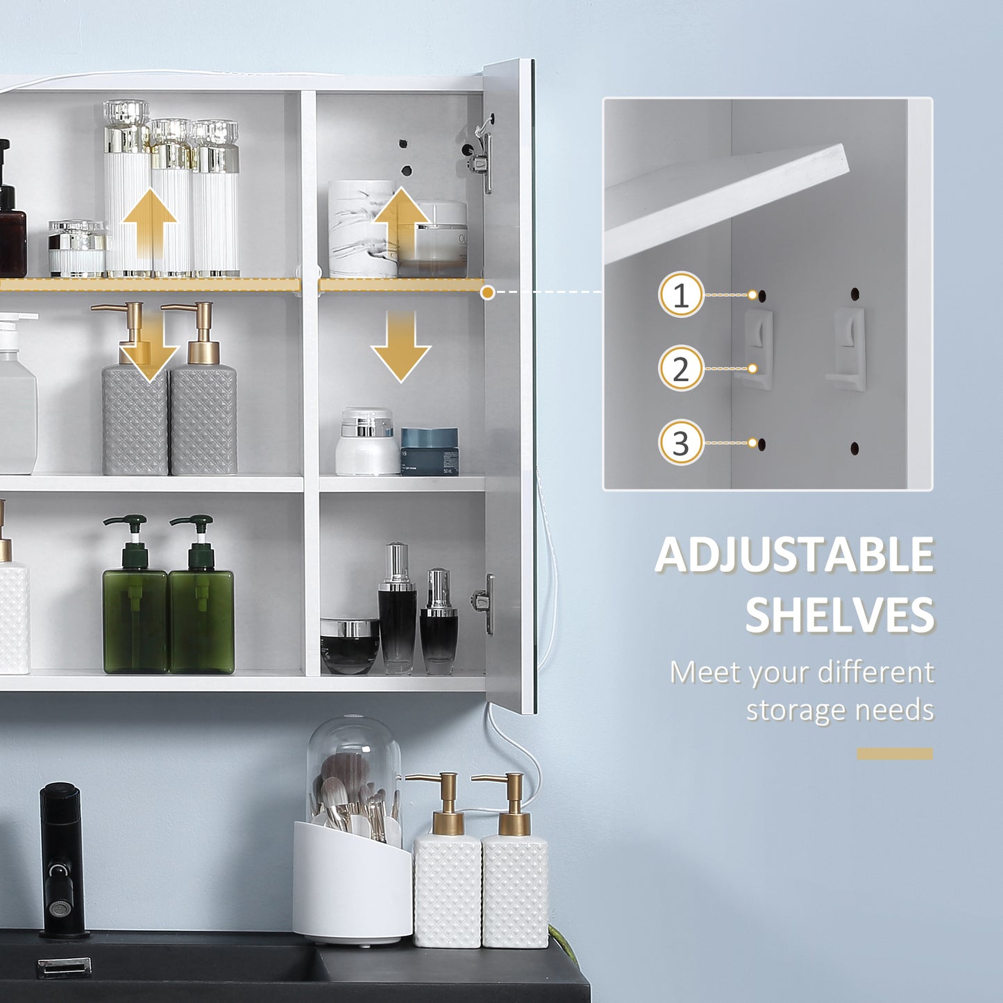 Illuminated Bathroom Mirror Cabinet 650 x 700Hmm LED Bathroom Mirror with Lights Touch Switch, Adjustable Shelf, USB Charge