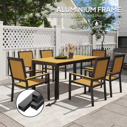 6 Seater Garden Dining Set with Stackable Chairs, Aluminium Frame, Rectangular Plastic Top, Garden Furniture Set, Nature Wood