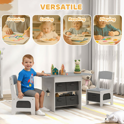 Kids Table and Chair Set, Toddler Table and 2 Chairs Set with 6 Removable Drawers, for Boys Girls Ages 3-8, Light Grey