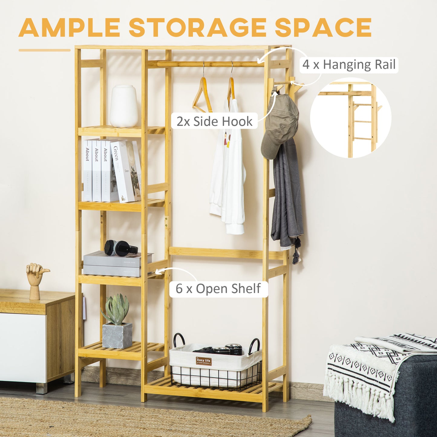 Bamboo Garment Rack, Clothes Rack with Storage Shelf, Hanging Rail and Side Hooks for Entryway, Bedroom, Bathroom and Office
