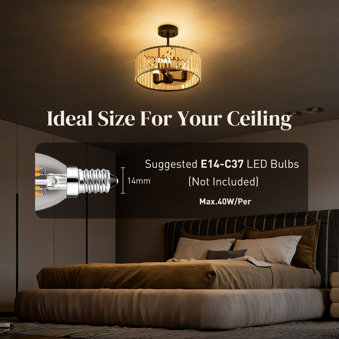 Crystal Ceiling Light, Semi Flush Mount Modern Crystal Chandelier Ceiling Light, E14 Base 3-Lights, Bulbs Not Included
