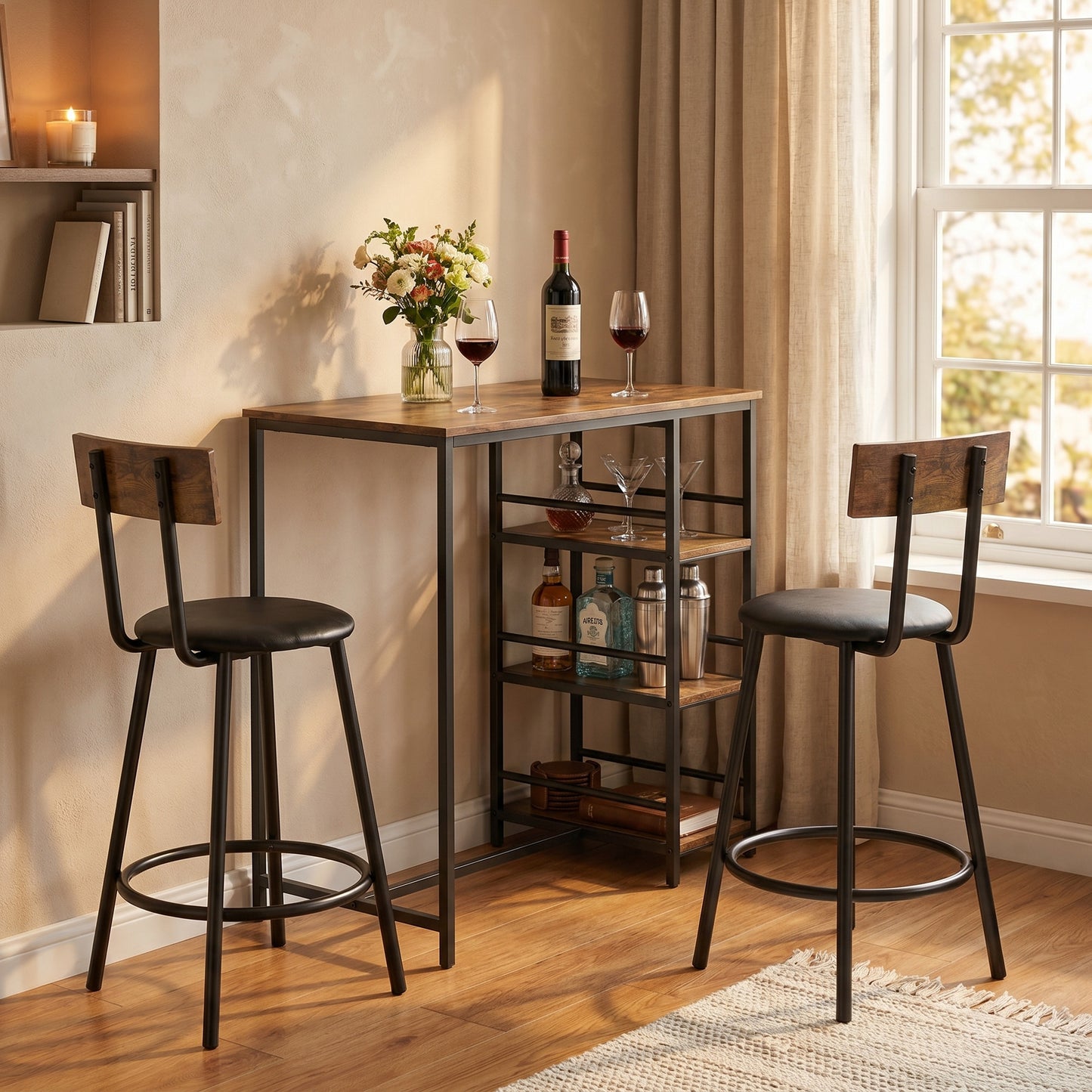 Space Saving Bar Table and PU Leather Stools for 2, 3 Piece Breakfast Bar Table Set with Storage Shelves, Rustic Brown