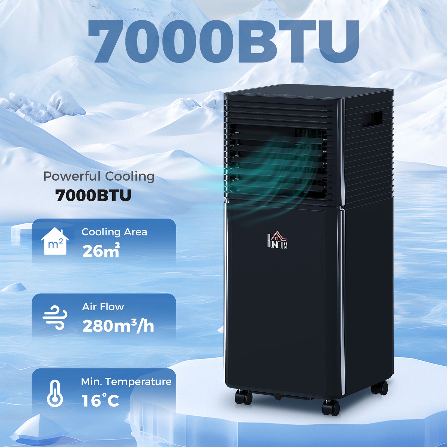 7000 BTU 4-In-1 Portable Air Conditioner Unit Cooling Dehumidifying Ventilating for Room up to 26m², with Fan, Remote