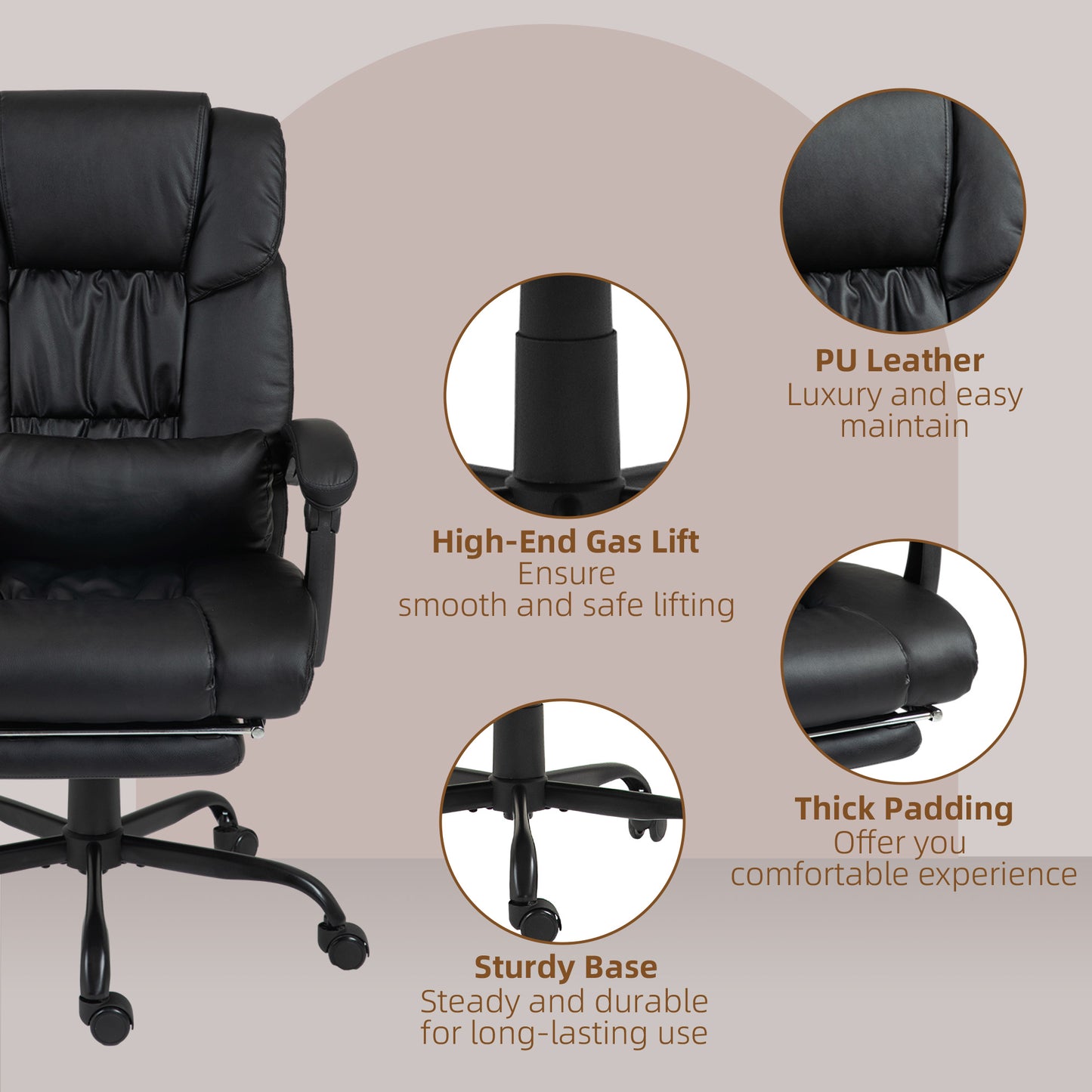 6-Point Massage Office Chair, PU Leather Desk Chair with Adjustable Height and Footrest for Home Office, Black