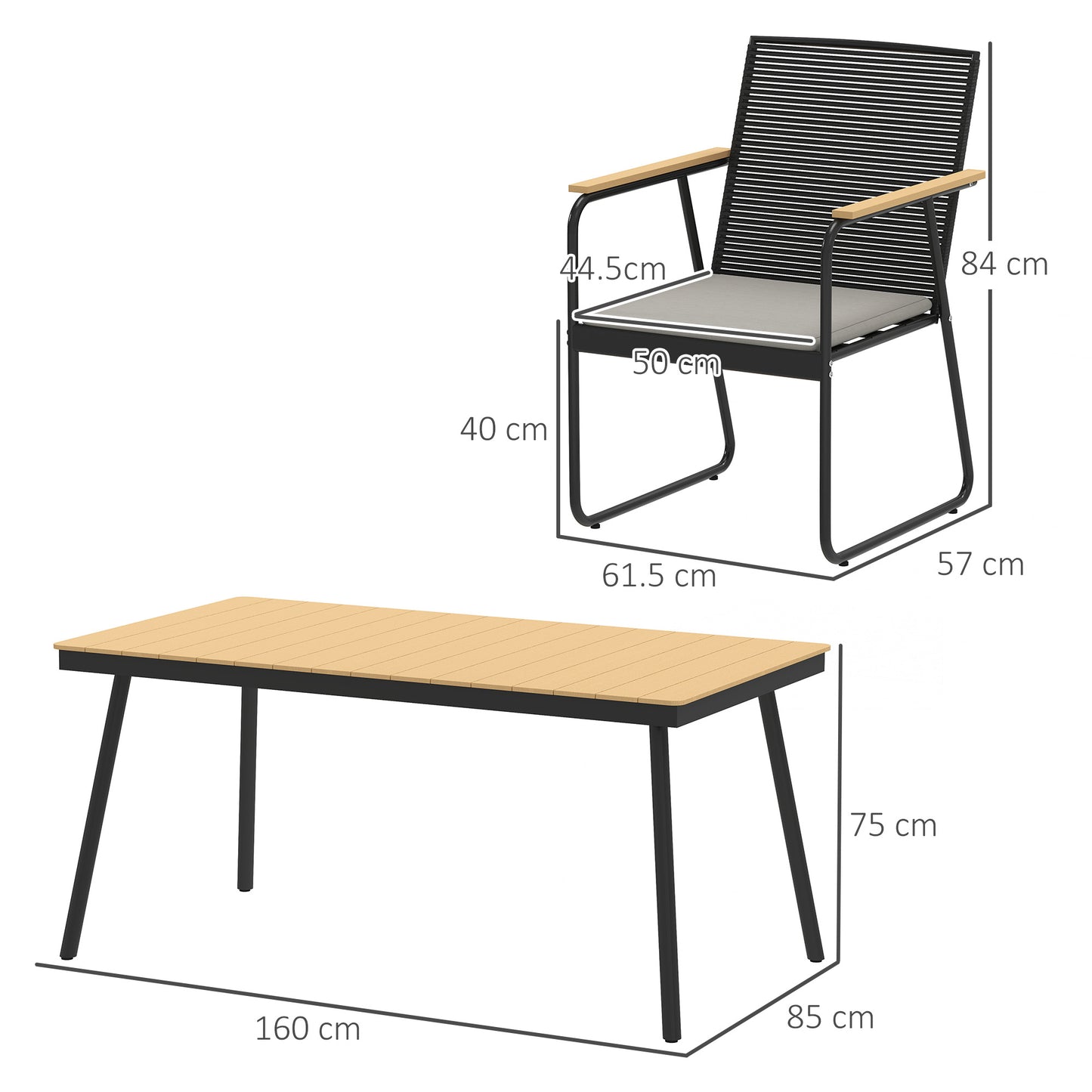 6‑Seater Garden Dining Set with Cushions, Rattan Backrest, Plastic Top, Garden Furniture Set, Natural Wood Finish