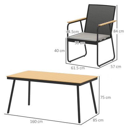 6‑Seater Garden Dining Set with Cushions, Rattan Backrest, Plastic Top, Garden Furniture Set, Natural Wood Finish