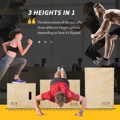 3-in-1 Wooden Plyo Box, Plyometric Jump Box with Handle Openings for Home Gym, Workout Training, 16" x 20" x 24", Natural