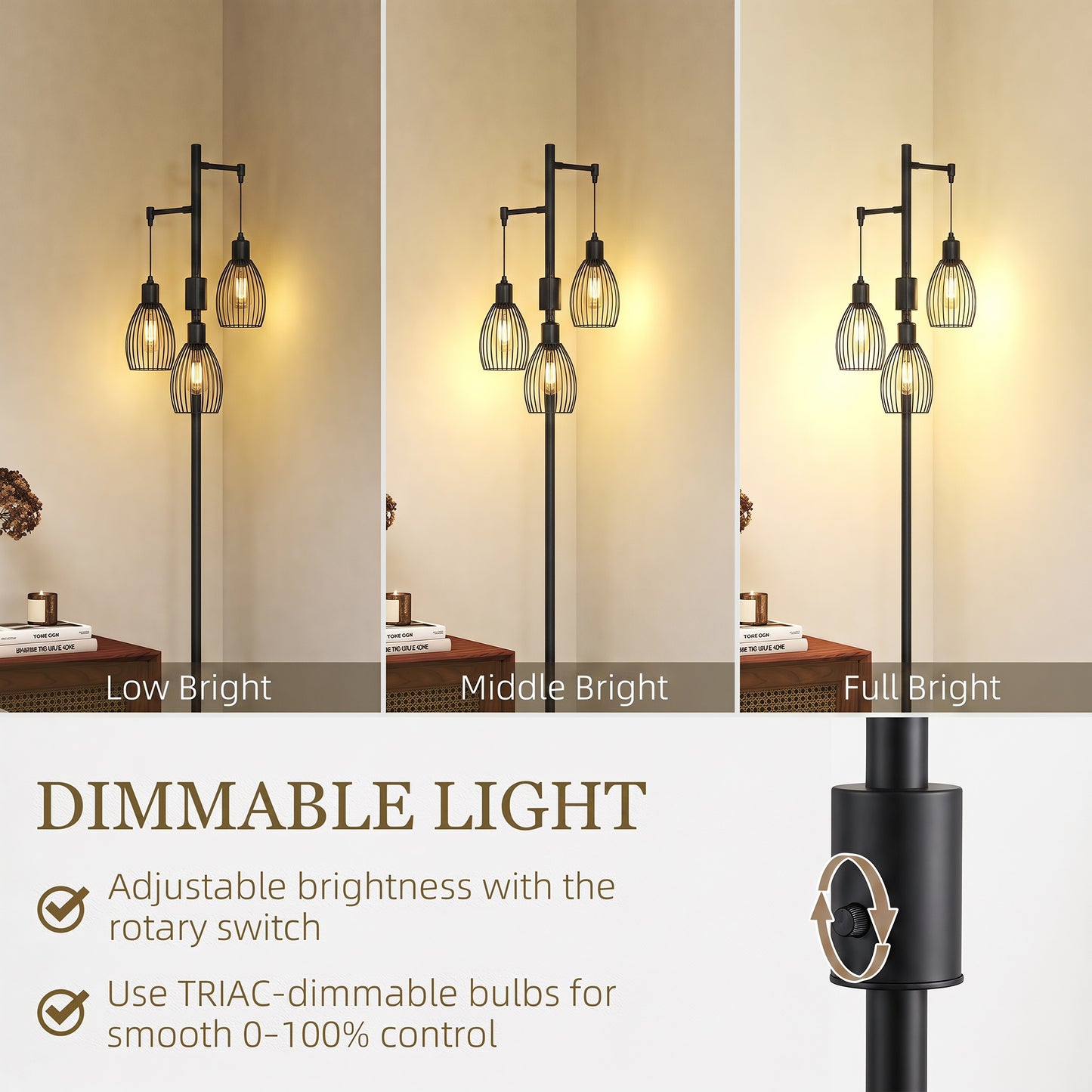 3-Light Floor Lamp, 170cm Industrial Dimmable Standing Lamp with Steel Wire Cage Lampshades for Living Room, Bedroom