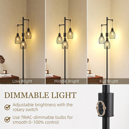 3-Light Floor Lamp, 170cm Industrial Dimmable Standing Lamp with Steel Wire Cage Lampshades for Living Room, Bedroom