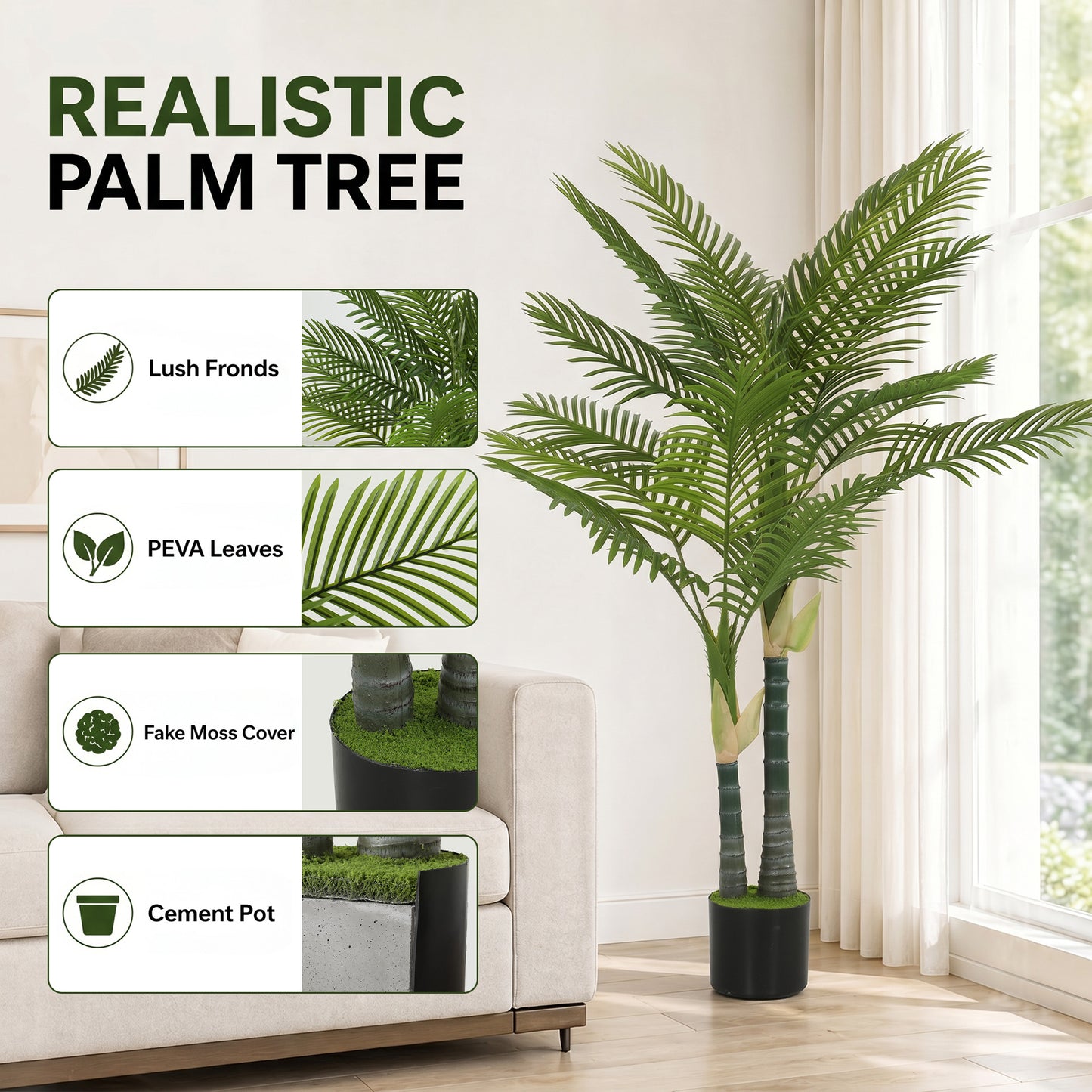 Artificial Palm Tree with 16 PEVA Leaves, 150cm Decorative Artificial Plant with Pot and Moss Effect, Green