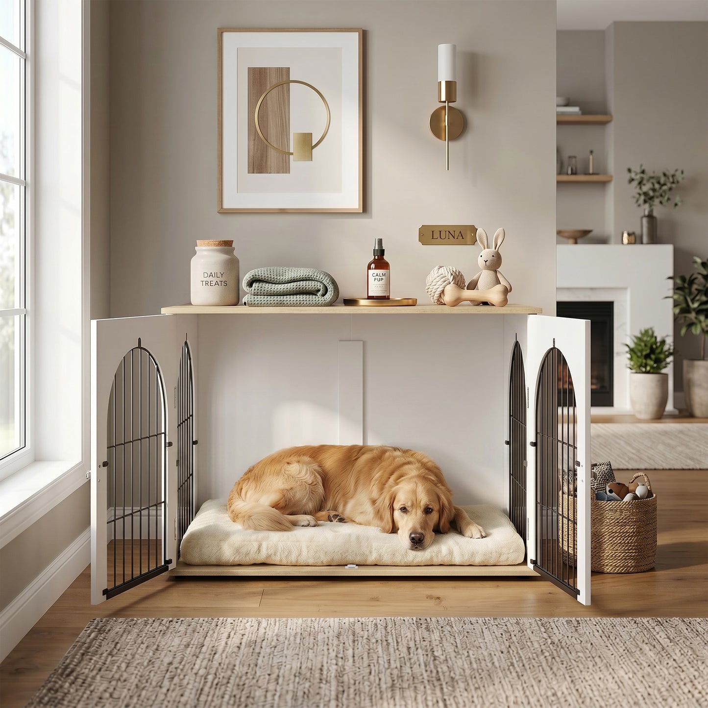 Dog Crate Furniture, Indoor Dog Cage with Double Doors for Large Breeds, Pet Kennel End Side Table