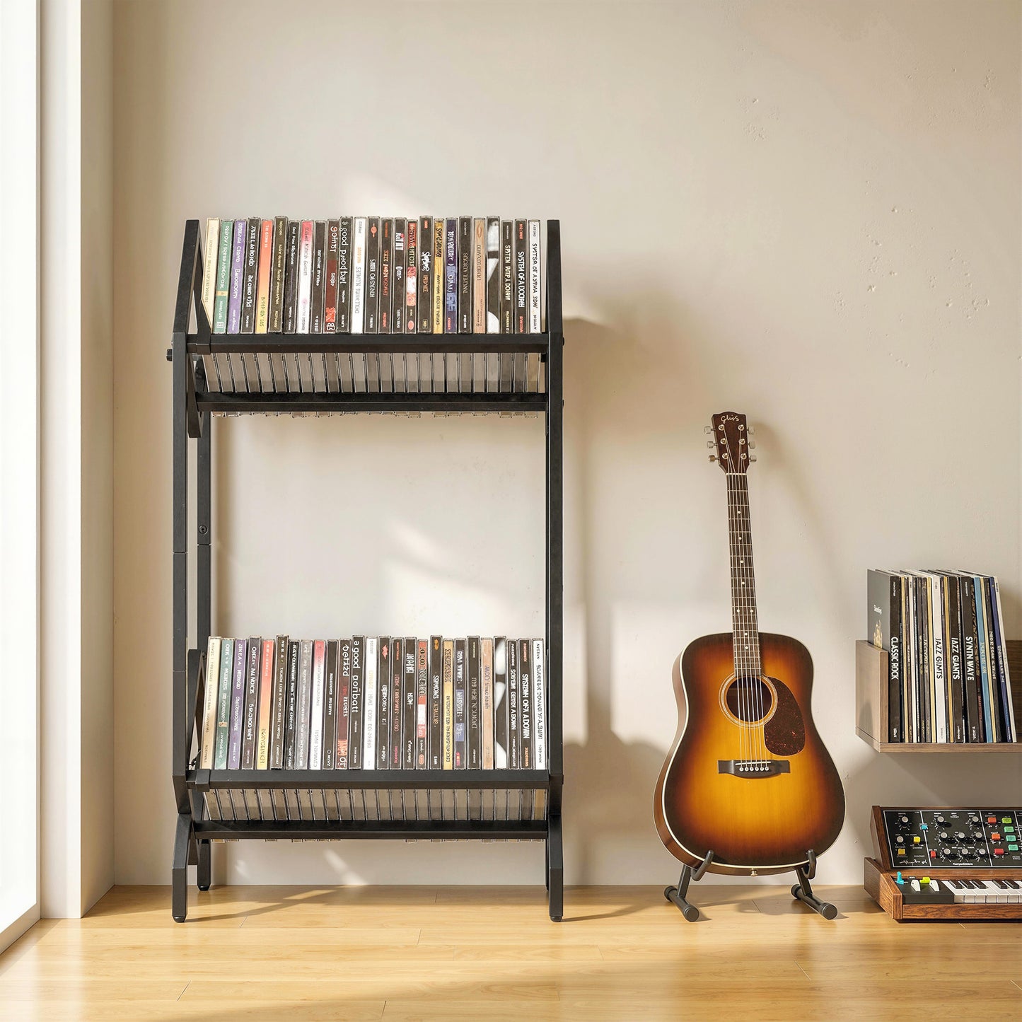 50 CD Storage Rack, 2-Tier Metal CD Storage Unit, Free Standing, Easy to Assemble, Black